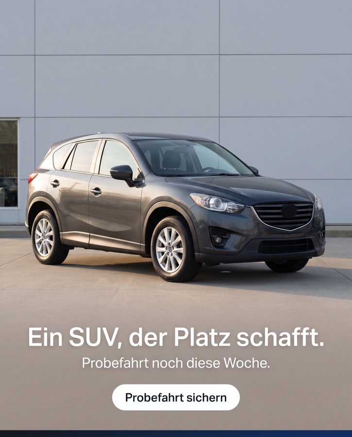 Anzeigenmotiv: SUV vor einem Autohaus, Überschrift „Ein SUV, der Platz schafft.“