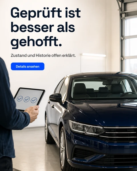 Anzeigenmotiv: Fahrzeugprüfung mit Tablet und drei Prüfzeichen, Überschrift „Geprüft ist besser als gehofft.“