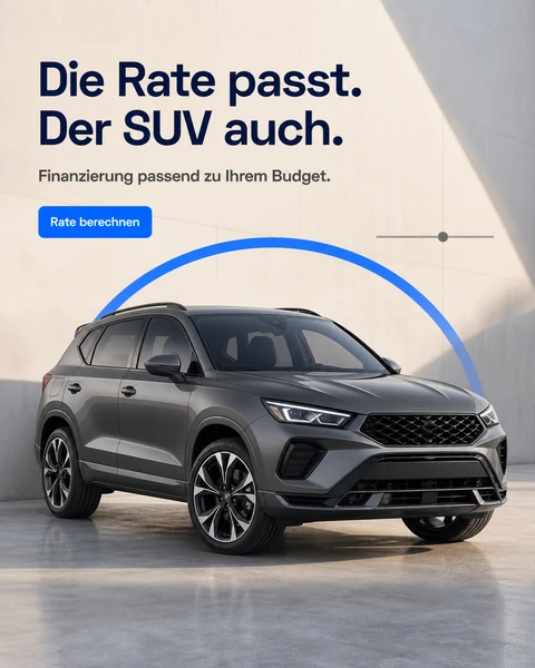 Anzeigenmotiv: SUV mit reduzierter Finanzierungs-Grafik, Überschrift „Die Rate passt. Der SUV auch.“