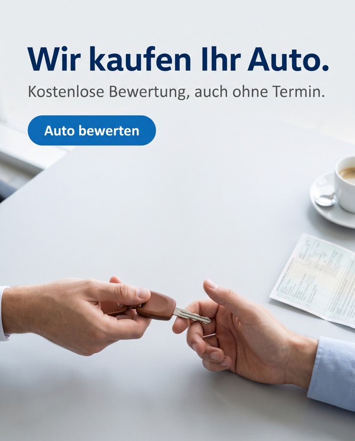 Anzeigenmotiv: Schlüsselübergabe am Schreibtisch, Überschrift „Wir kaufen Ihr Auto.“