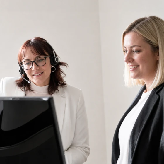 Zwei Mitarbeiterinnen am Bildschirm, eine davon mit Headset während eines Rückrufs
