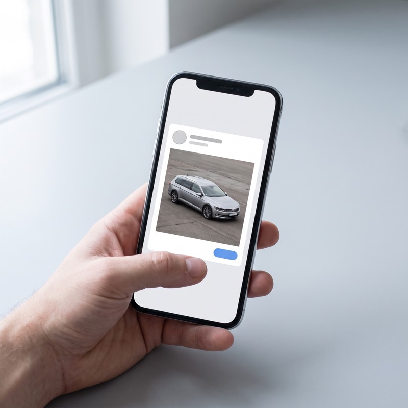 Smartphone zeigt eine Fahrzeuganzeige im Social-Media-Feed