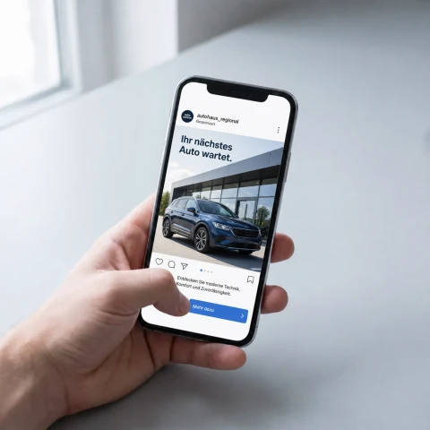 Smartphone zeigt eine gesponserte Fahrzeuganzeige im Instagram-Feed
